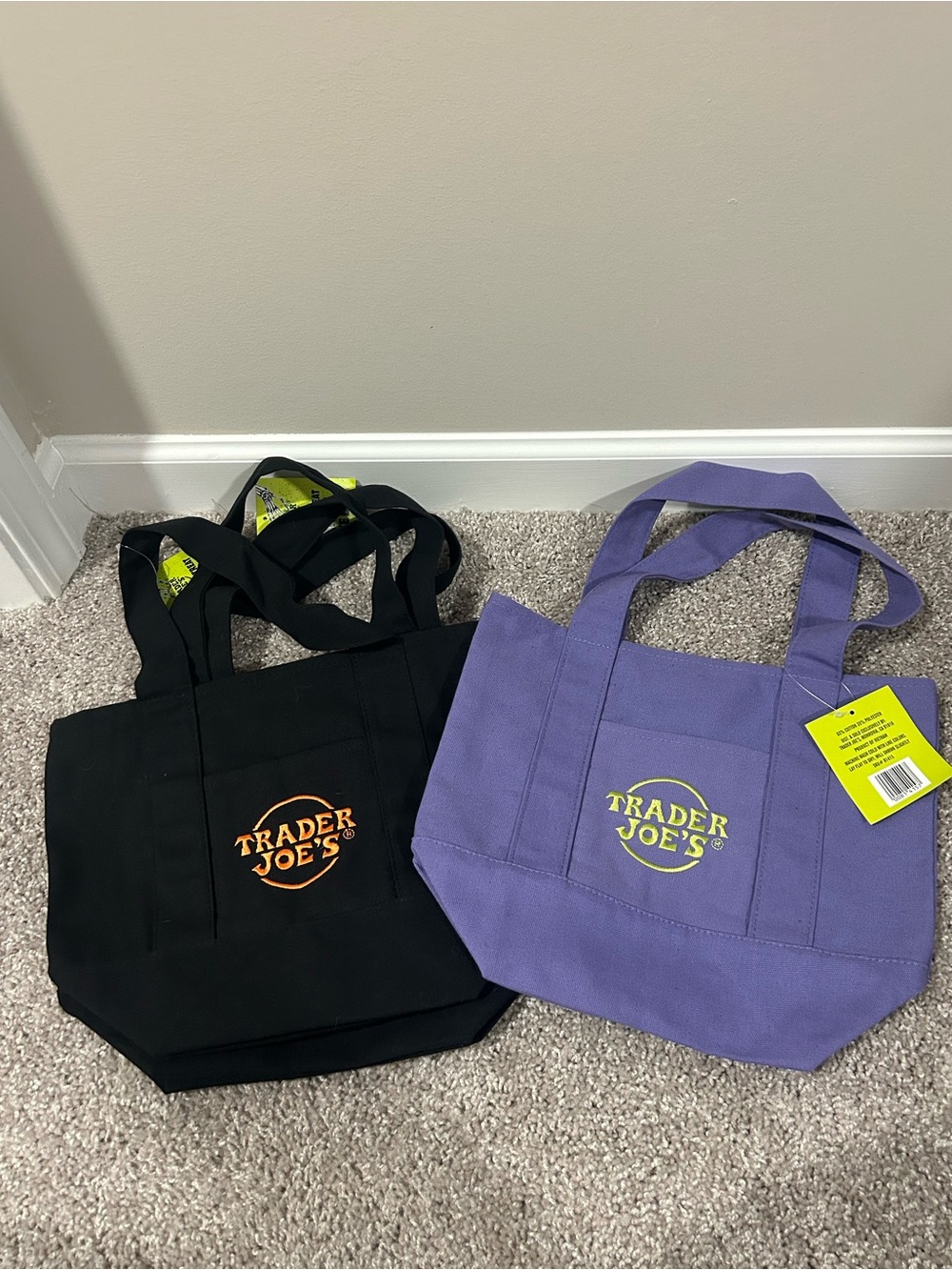 Trader Joe’s Canvas Tote Bag - Set of 2 - Black and Purple - NWT
